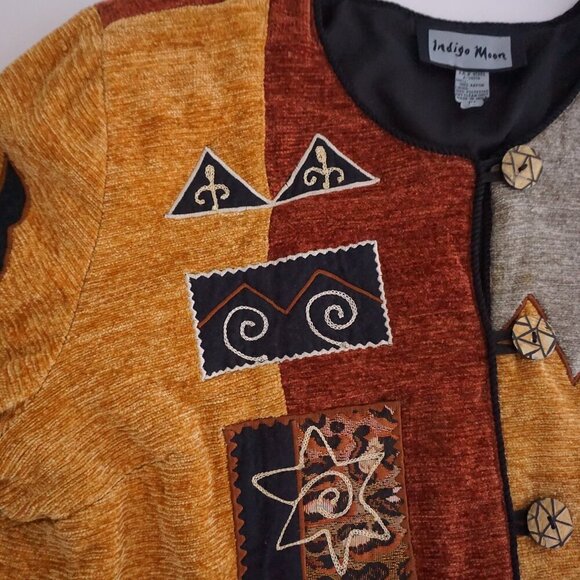 Vintage Indigo Moon Brown Tan Embroidered Patchwork Button Boho Jacket 1X - Picture 10 of 12